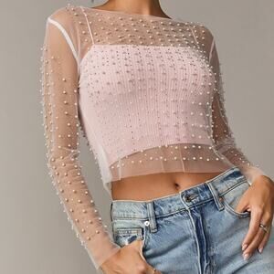 Thirty Thirty NWOT Pink Faux Pearl Silver Glitter Sheer Cover Up Crop Top Small